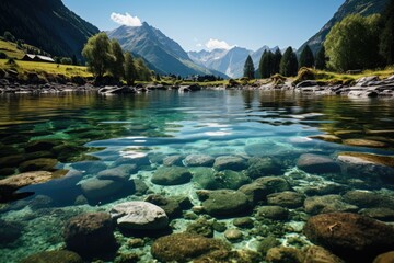 Serene lake with aquatic plants on the scene., generative IA