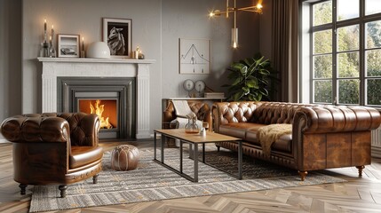 Modern living room interior mockup with leather sofa, armchair and fireplace. Generative Ai