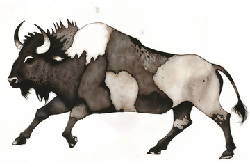 Fototapeta premium Watercolor buffalo illustration. Bison in a desert landscape