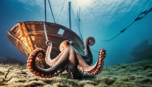AI generated photo octopus next to a ship reck with blue ocean in background.