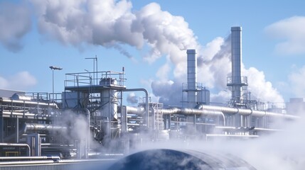 Steam and smoke billowing from vents and chimneys as the production facility processes petroleum into usable asphalt.