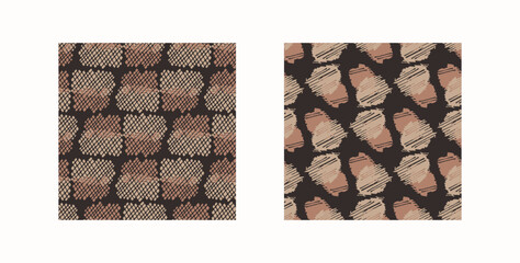 Tribal ethnic camouflage abstract pattern set design in fall color trend. Seamless rustic surface texture with neutral tone handwork mark making shapes.