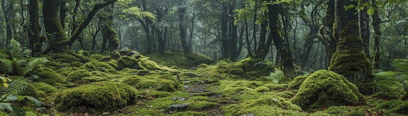 Enchanted forest sanctuary concept art for thematic exhibitions, exploring mystical beauty with verdant moss