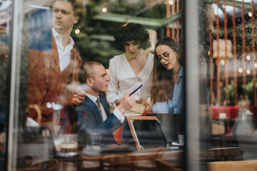 Business team having a brainstorming session at a modern coffee shop, using technology to analyze reports and strategize for market growth, sales improvements, and revenue success.
