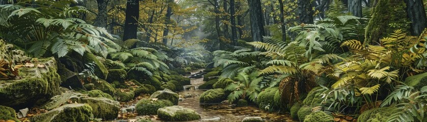 Enchanted forest sanctuary concept art for thematic exhibitions, delving into mystical allure amidst lush mossy landscapes.