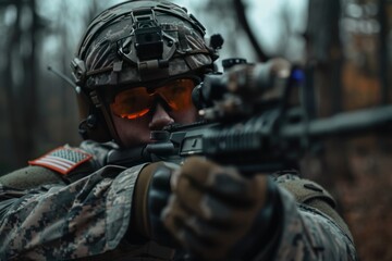 Close up of a US soldier holding an M4 rifle with a red dot sight.