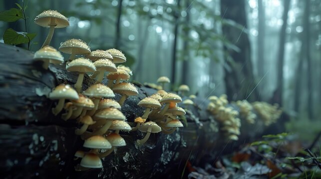 A forest scene with mushrooms sprouting from a fallen log,