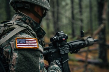 Close up of a US soldier holding an M4 rifle with a red dot sight.