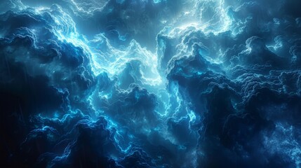 A group of glowing blue clouds floating in space with mass of energy flowing.