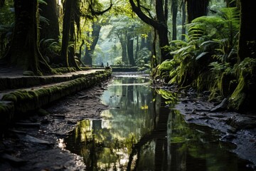 Forest trail with ferns and golden light., generative IA