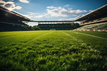 Fototapeta premium Sunny football field with animated viewers., generative IA