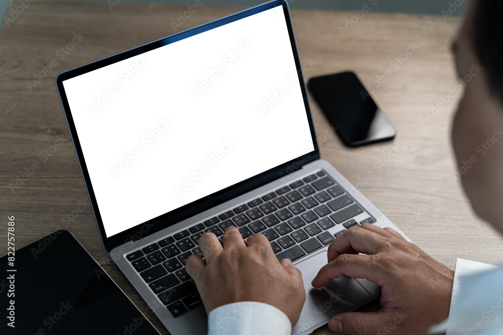 Poster mock up using laptop with blank screen computer modern in office