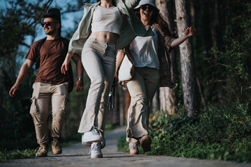 A group of happy friends casually strolling down a path, surrounded by nature, exuding a sense of...
