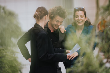 Group of colleagues laughing and enjoying a light-hearted moment in the office courtyard,...