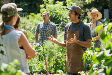 A middle-aged man conducting a workshop on organic gardening in a lush green garden.