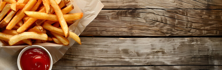 French fries or potato chips with sour cream and ketchup fastfood yummy delicious foodlover on wooden table background
 