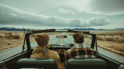 Non-binary couple taking a road trip in a vintage car,beautiful landscape photography, fine art