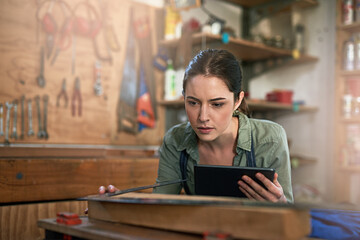 Woman, carpenter and measuring with builders square and tablet for planning and wood working in...