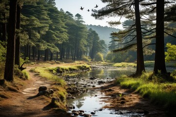 Obraz premium Majestic pines are housed wildlife in harmony., generative IA