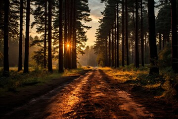 Fototapeta premium Tall pines in a sunny plantation., generative IA