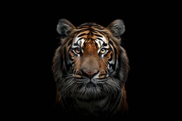 Tiger portrait, symmetrical composition, black background.