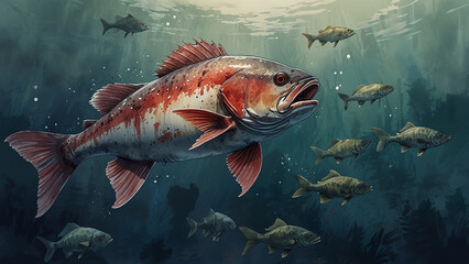 Fototapeta premium Watercolor painting: The spread of the Asian carp in the United States, its rapid reproduction and impact on native species is a major concern.