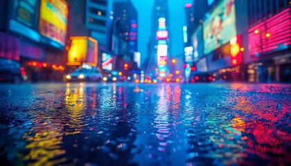 Colorful wet street with reflective city lights