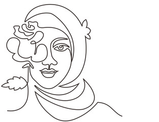 Trendy abstract one line woman face with flower and leaves. Continuous line print for poster, card, t-shirt etc. Vector illustration on white background