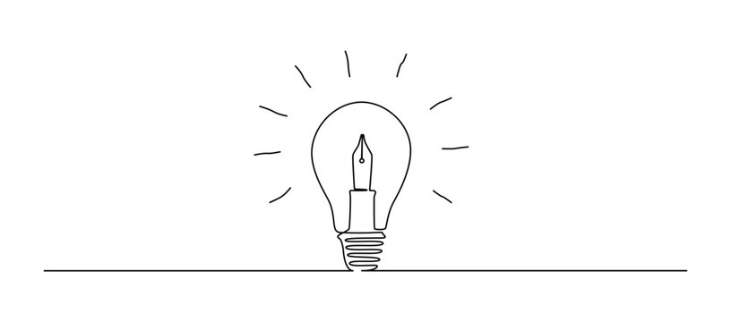 Light bulb and pen in one continuous line drawing. Creative idea innovation and writer and poetry concept. Lightbulb symbol in Editable stroke. Smart dodle vector illustration