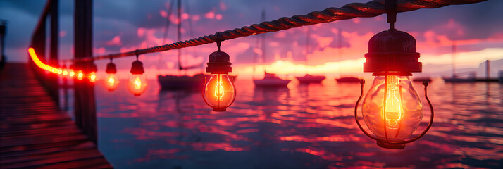 Vintage Light Bulbs Hanging Against a Sunset Background, Romantic Outdoor Lighting, Decorative and Warm