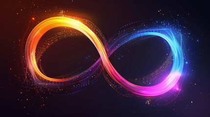 Abstract colorful glowing light ring and infinity sign on black background, vector illustration design for banner or poster with copy space. Abstract concept art background