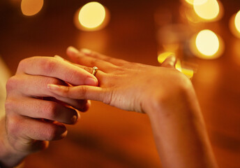 Hands, couple and engagement ring for proposal with fiance for love with commitment, people and...