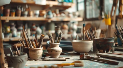 A pottery studio filled with various tools and materials ready for a day of crafting and creating.