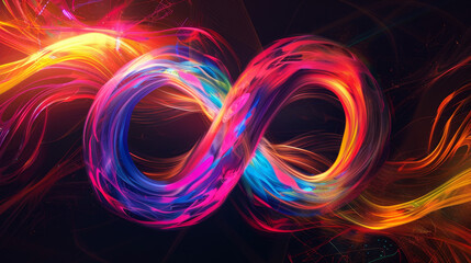 Abstract glowing light background with infinity sign and colorful swirls vector illustration design, 3d rendering , detailed, black background