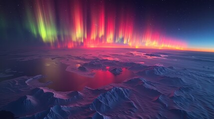 Fototapeta premium A breathtaking picture of the Northern Lights illuminating the night sky with vibrant hues of green, pink, and purple, over a serene Arctic landscape.