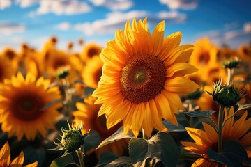 Sunflower field in the morning light., generative IA