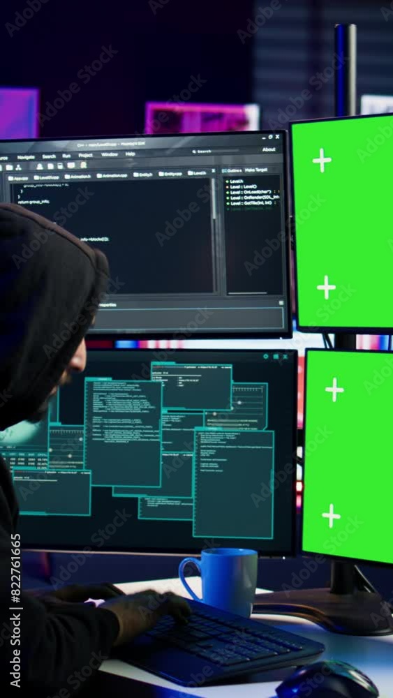 Poster vertical video hacker developing spyware software on green screen computer to steal important data t