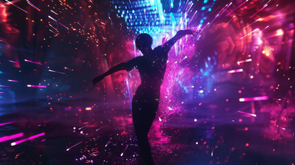 A woman is dancing in a colorful room with lots of sparkles