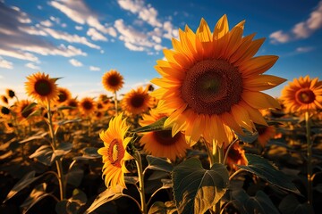 Golden Field of Sunflowers under the blue sky., generative IA