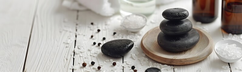 spa stone and salt on white background