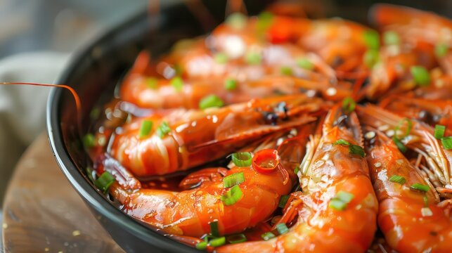 Top view of delicious shrimp soaked in Chinese wine named drunken shrimp for lunar new year's dishes