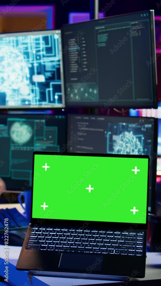 Poster vertical video hacker in hidden place using green screen laptop to deploy malware on unsecured devic
