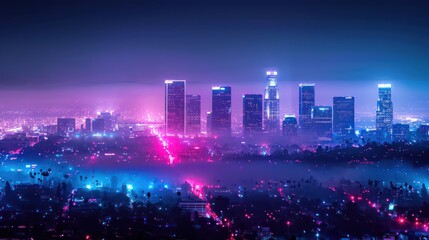 Fototapeta premium Night city, neon light, palms against the sunset, stars.