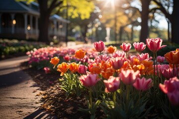 Charming picnic scenario with flower tulips., generative IA