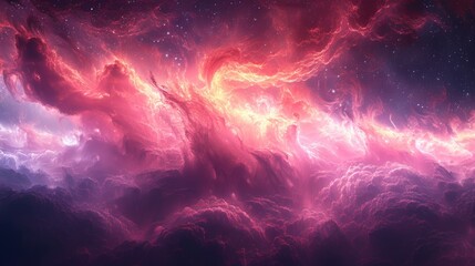 A group of glowing pink clouds floating in space with mass of energy flowing.	

