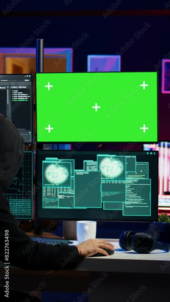 Poster vertical video cybercriminal hacking using green screen pc and getting critical error while trying t