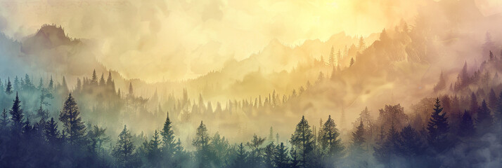 A watercolor painting of misty mountains with trees, detailed, panoramic view, soft colors, golden hour lighting, serene atmosphere, fantasy landscape style, digital art