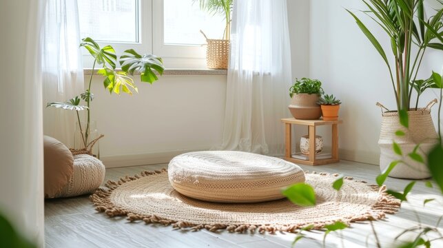 A small meditation corner with a cushion and calming decor encouraging mindfulness and stress relief throughout the workday.