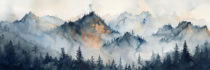 watercolor mountain landscape with foggy peaks, forest on the slopes, sky with clouds, high detail, large canvas painting, soft light, white background