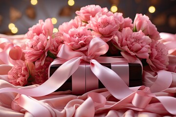Delicate pink ribbon adorns gift between flowers., generative IA